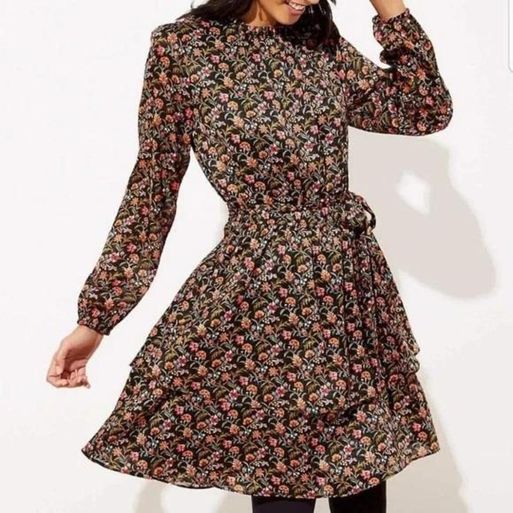 LOFT Floral Dress Womens S Black Metallic Shimmer Ruffle Fit Flare Party NWT